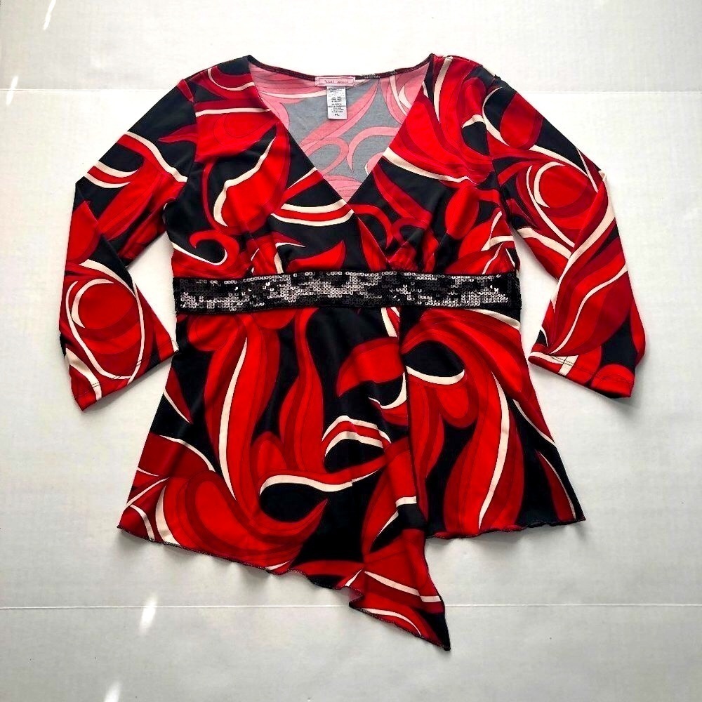 VOL. 1 PETITE Asymmetrical Sequins Black/ Red/Cream Top, Size PL